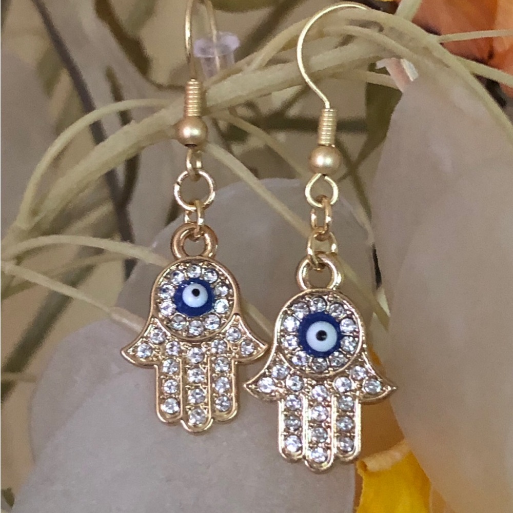 Evil Eye Hamsa Dangle Crystal Glass Bead Earrings Gold Hook New